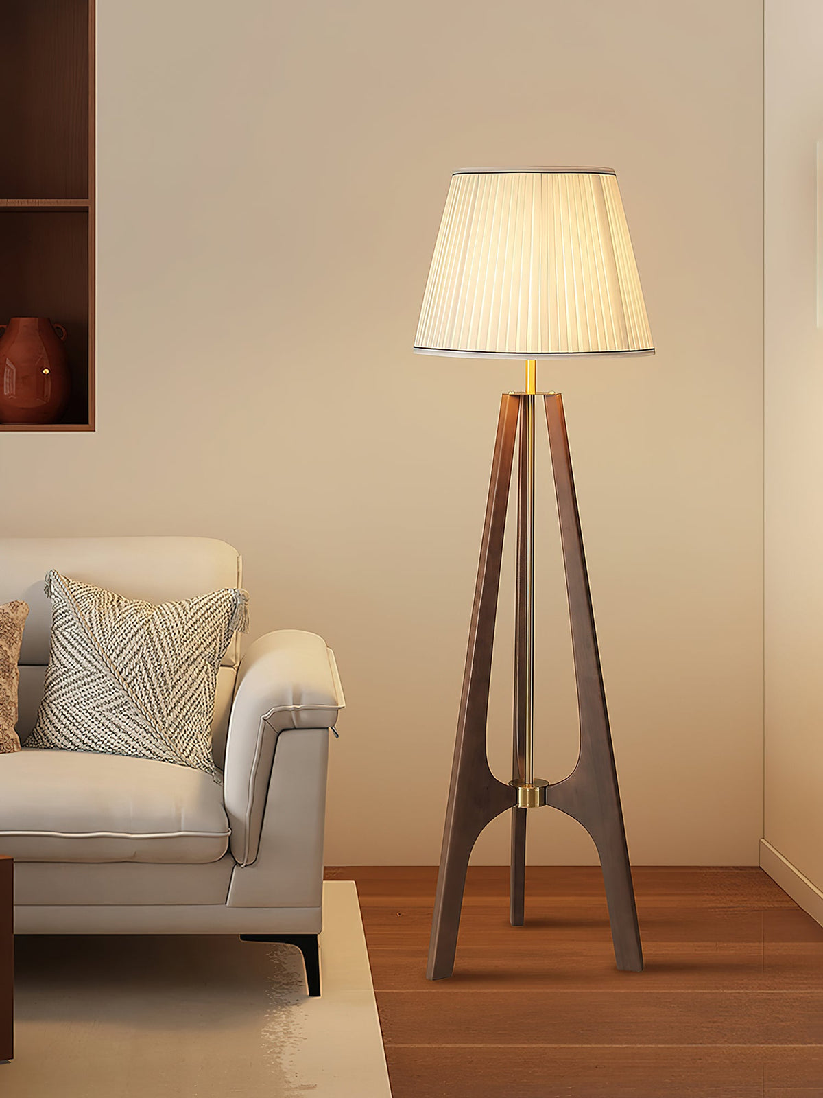 Trivelle Tripod Floor Lamp in Walnut and Gold with Pleated Fabric Shade