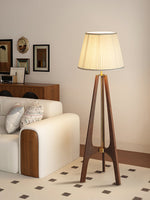 Trivelle Tripod Floor Lamp in Walnut and Gold with Pleated Fabric Shade