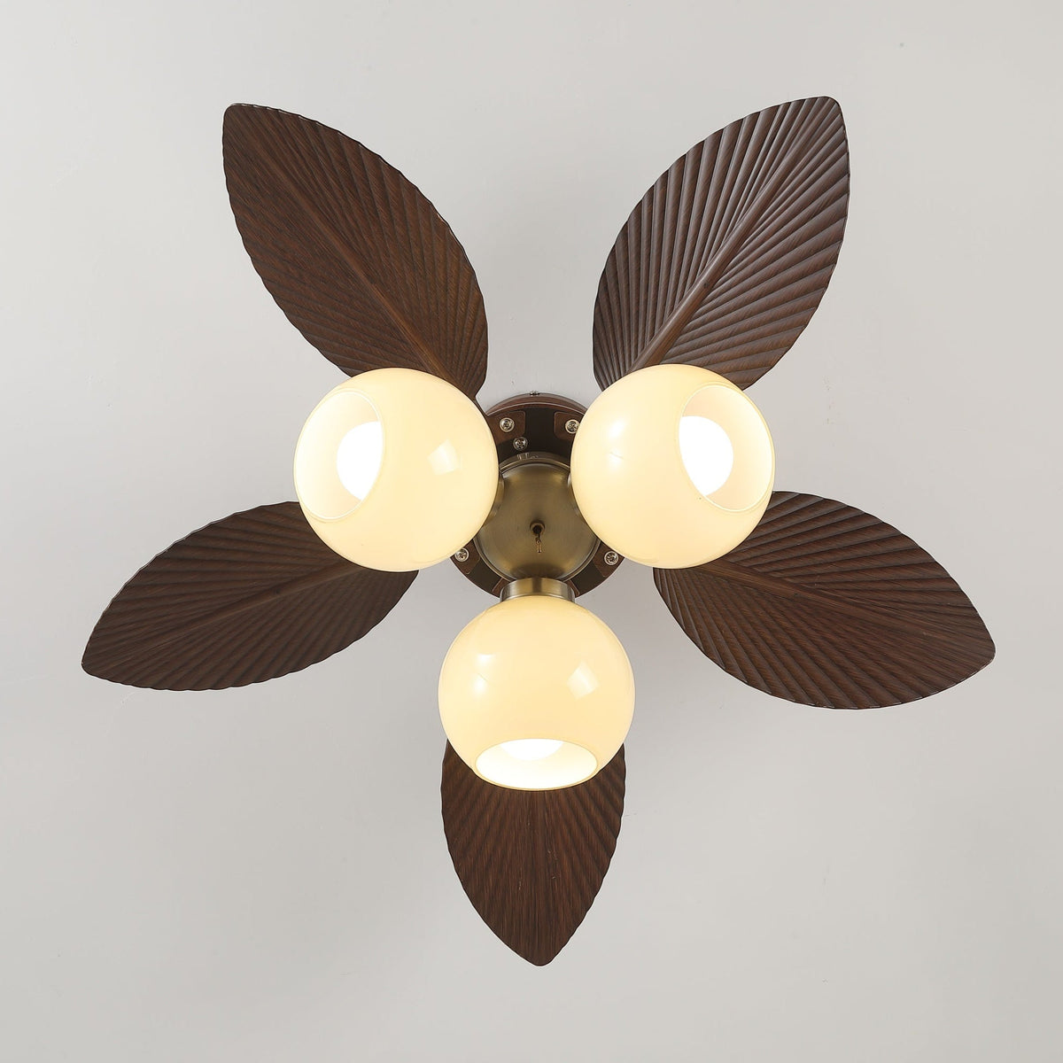 Tropi Glow Ceiling Fan Light with Botanical Blades and Opal Glass Globes