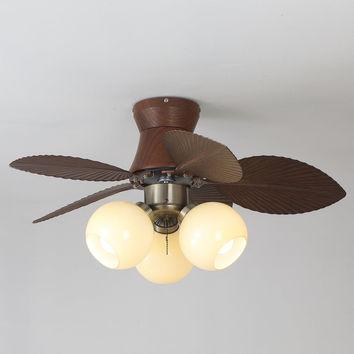 Tropi Glow Ceiling Fan Light with Botanical Blades and Opal Glass Globes