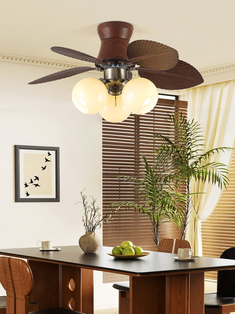 Tropi Glow Ceiling Fan Light with Botanical Blades and Opal Glass Globes