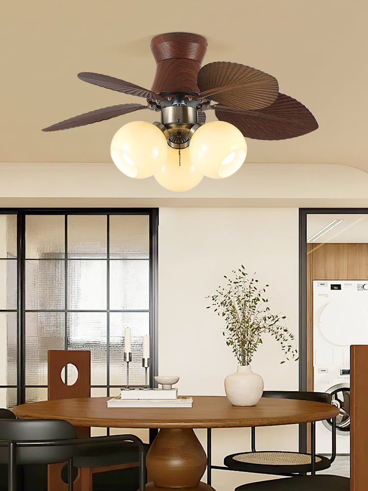 Tropi Glow Ceiling Fan Light with Botanical Blades and Opal Glass Globes