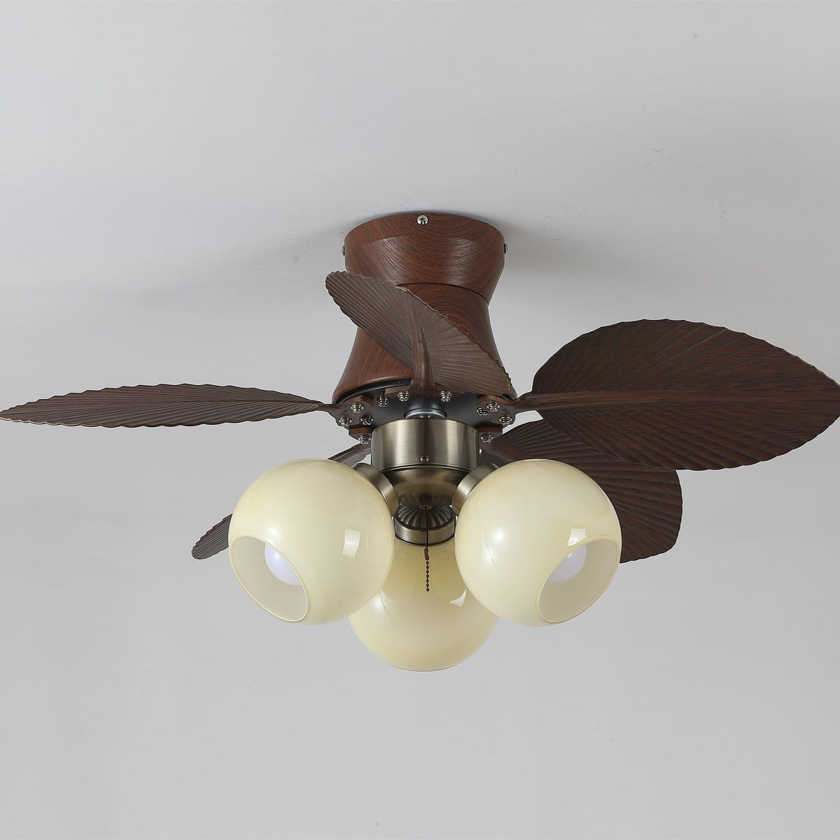 Tropi Glow Ceiling Fan Light with Botanical Blades and Opal Glass Globes