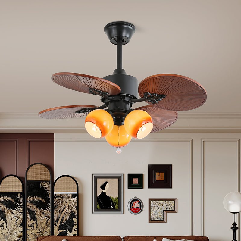 Tropica Breeze Ceiling Fan Light with Palm Blades and Amber Glass