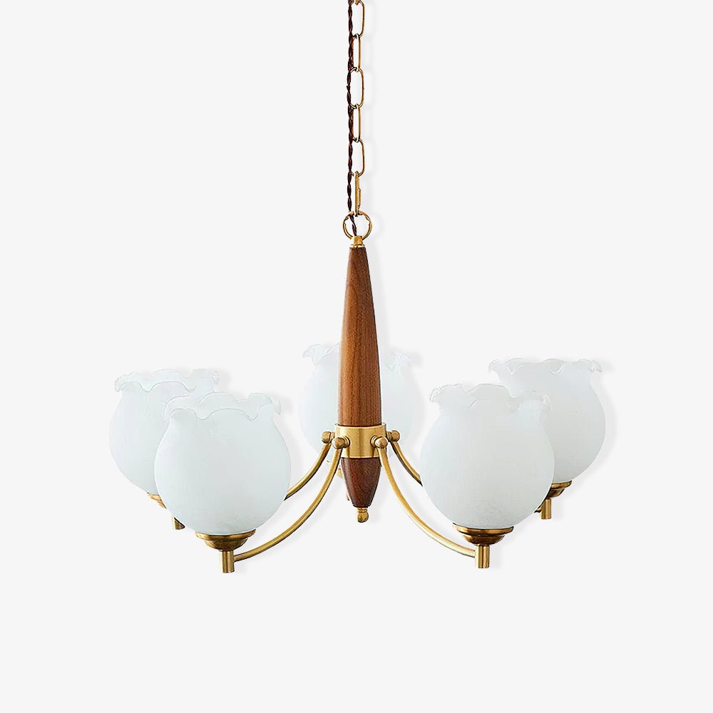 Tulips Glass Wood Chandelier – Modern Brass Pendant Light for Dining Room