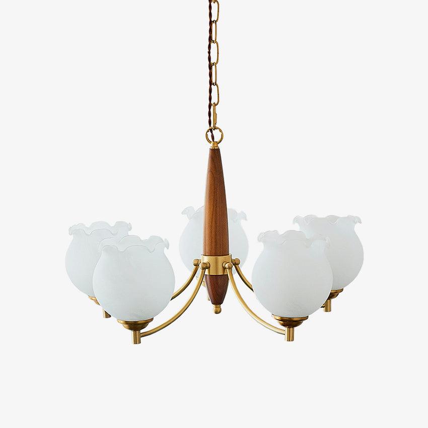 Tulips Glass Wood Chandelier – Modern Brass Pendant Light for Dining Room