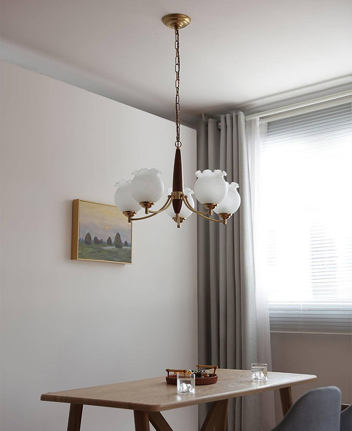 Tulips Glass Wood Chandelier – Modern Brass Pendant Light for Dining Room