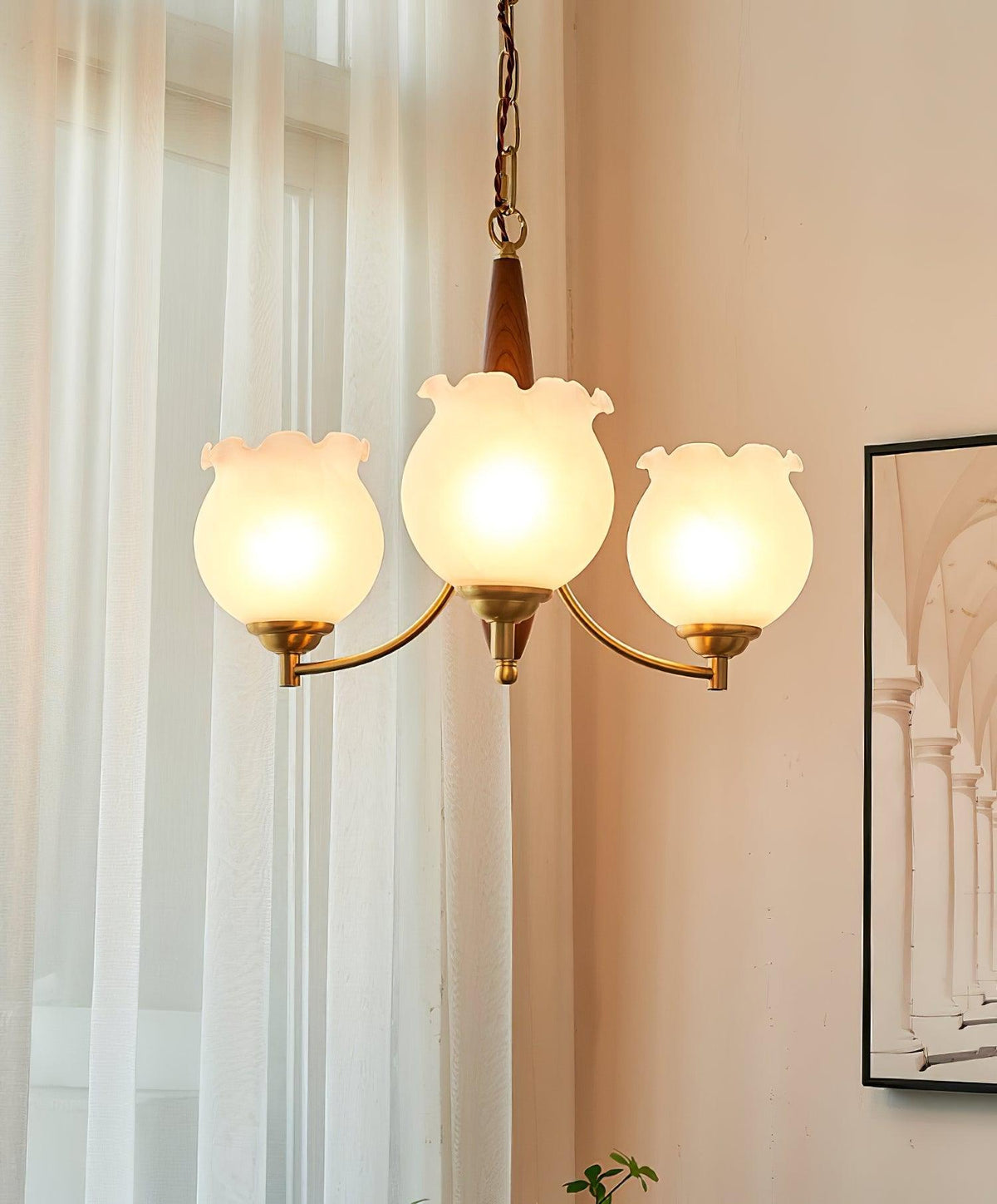 Tulips Glass Wood Chandelier – Modern Brass Pendant Light for Dining Room