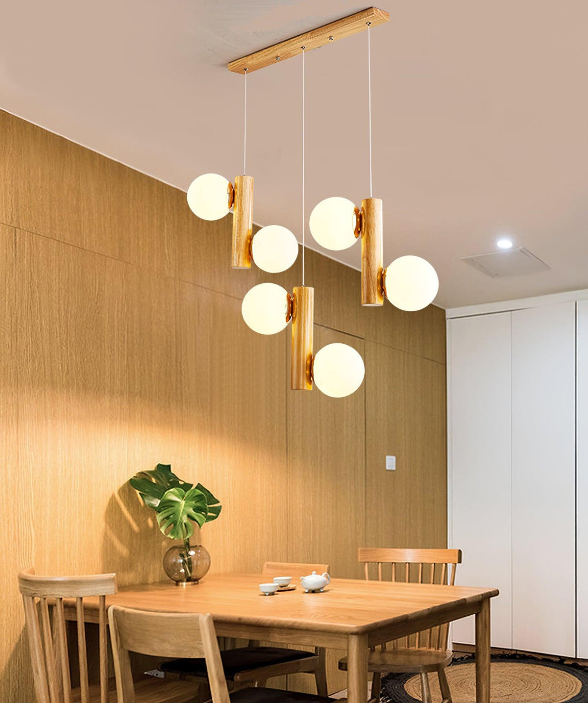 Tupelo Double Pendant Light in Wood and Glass for Dining Room and Living Room