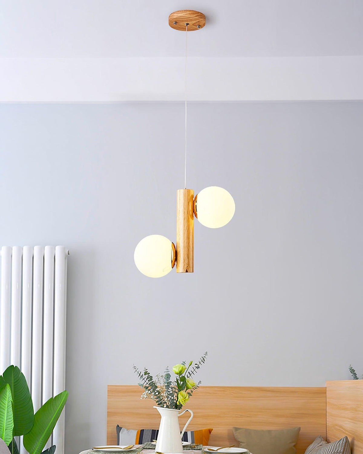 Tupelo Double Pendant Light in Wood and Glass for Dining Room and Living Room