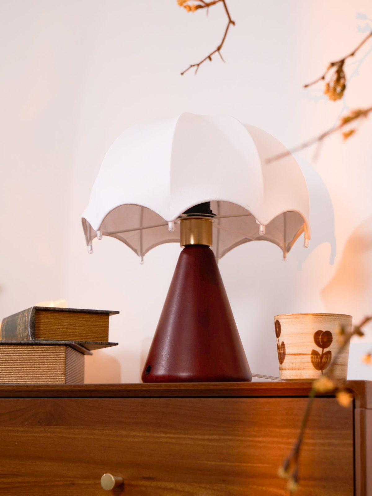 Umbrella Silk Table Lamp – Cordless LED with Walnut Base