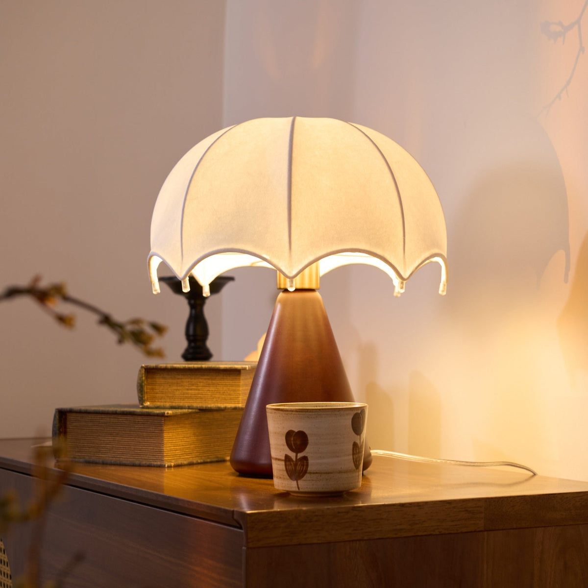 Umbrella Silk Table Lamp – Cordless LED with Walnut Base
