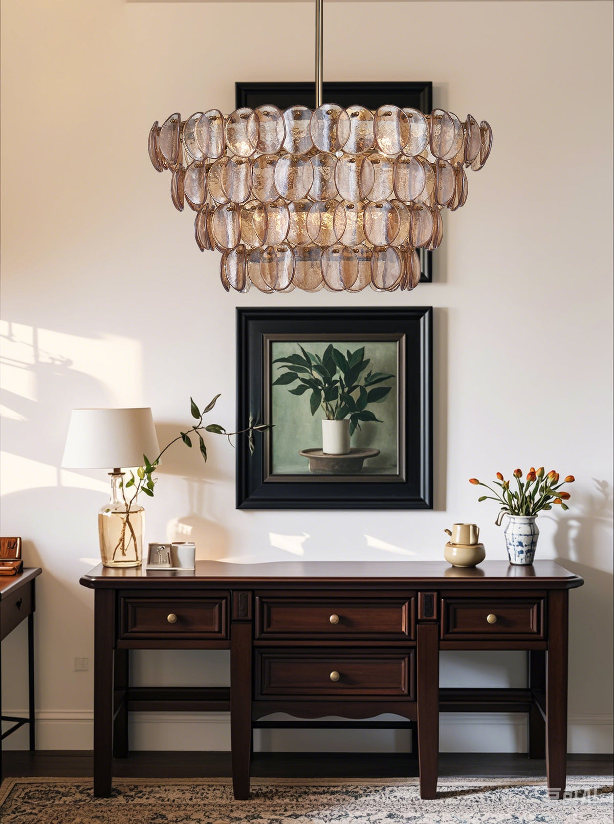 Uroko Glass Disc Chandelier in Warm Brass for Modern Interiors