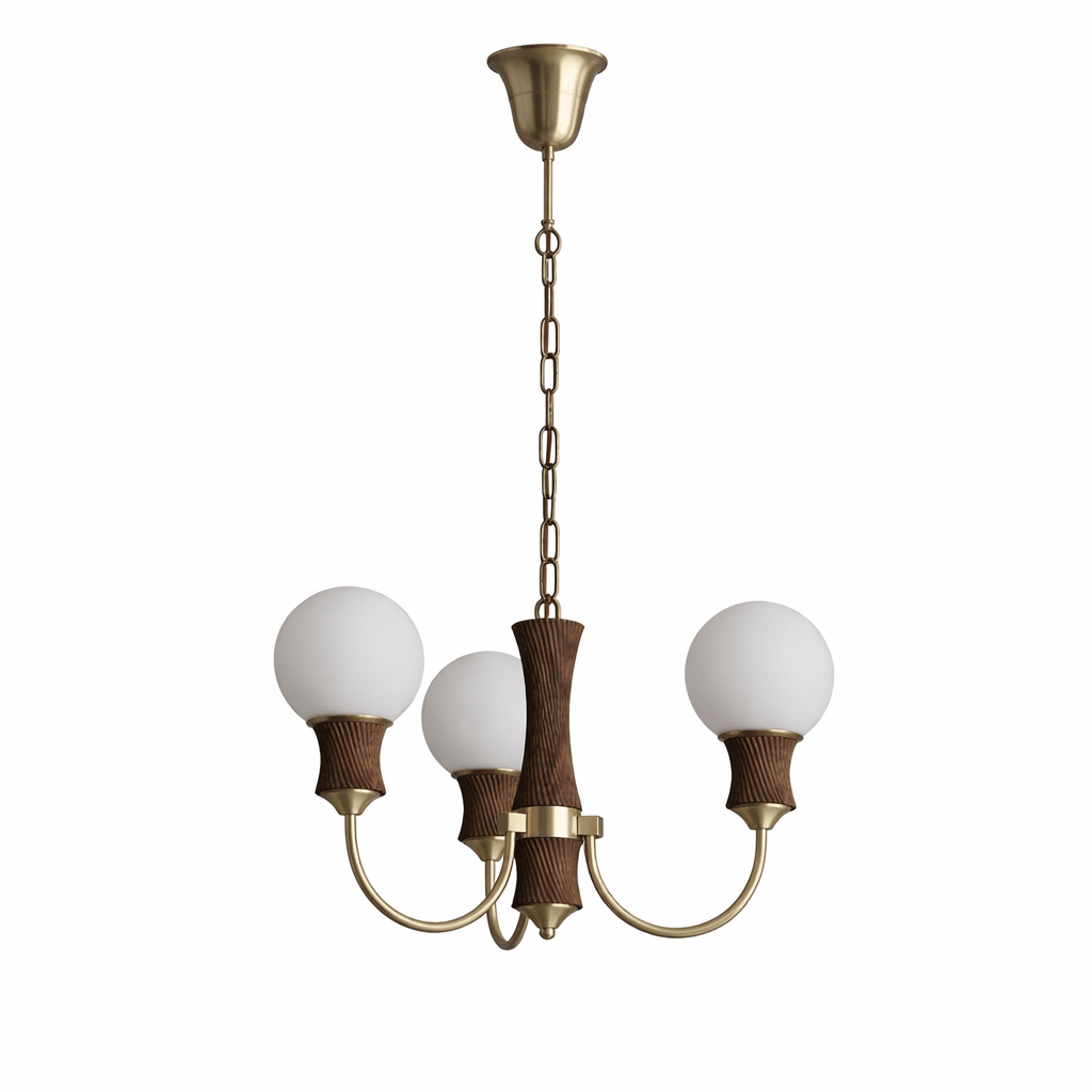 Valdora Globe Chandelier – Six-Light Brass and Wood Pendant for Dining and Living Spaces