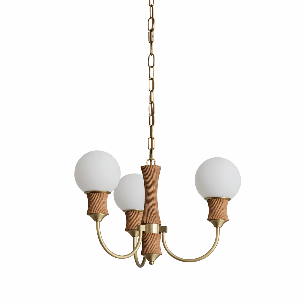 Valdora Globe Chandelier – Six-Light Brass and Wood Pendant for Dining and Living Spaces