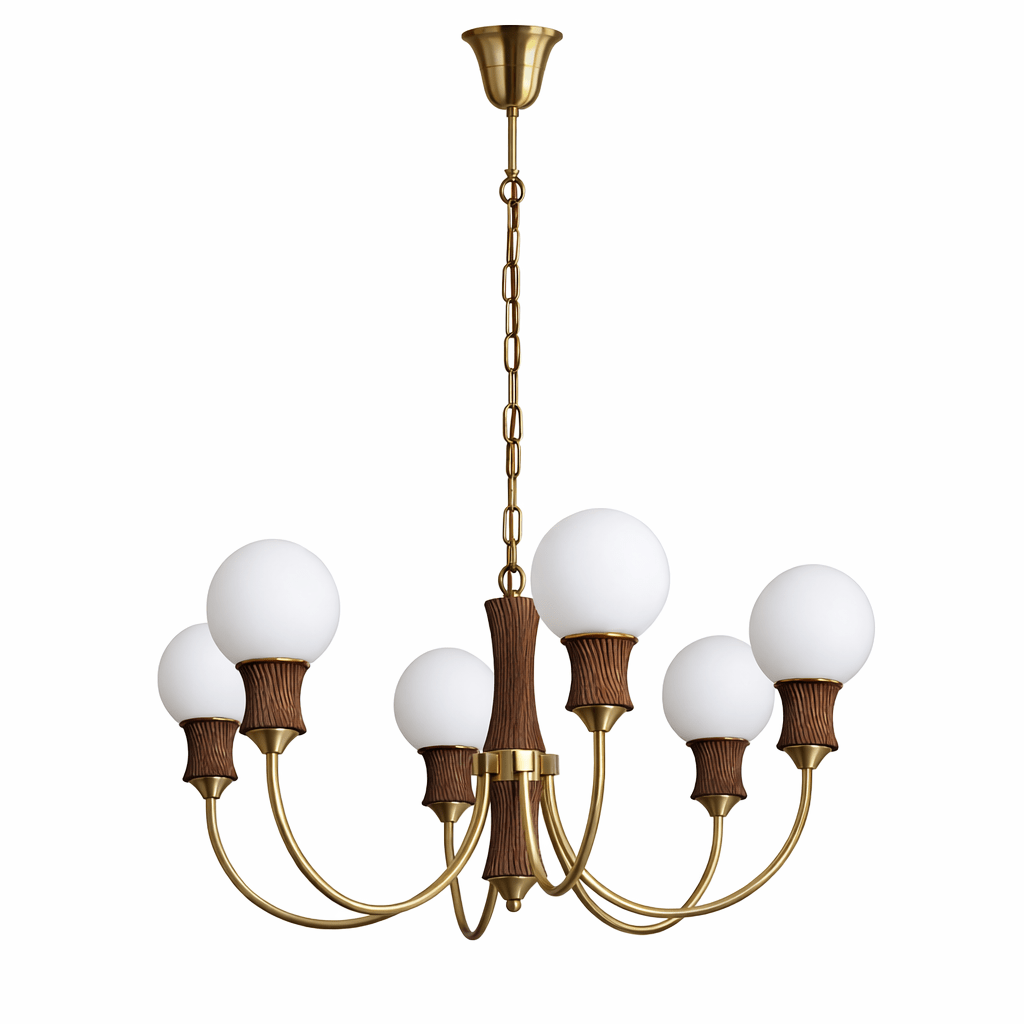 Valdora Globe Chandelier – Six-Light Brass and Wood Pendant for Dining and Living Spaces