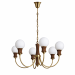 Valdora Globe Chandelier – Six-Light Brass and Wood Pendant for Dining and Living Spaces
