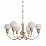 Valdora Globe Chandelier – Six-Light Brass and Wood Pendant for Dining and Living Spaces