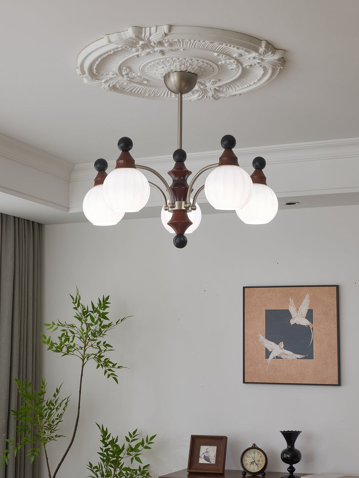 Valerio Modern Wood and Glass Chandelier for Dining Room and Living Room