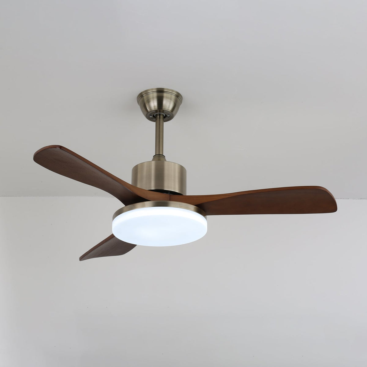 Vega Ceiling Fan Light with LED, Walnut Blades and Brass Finish