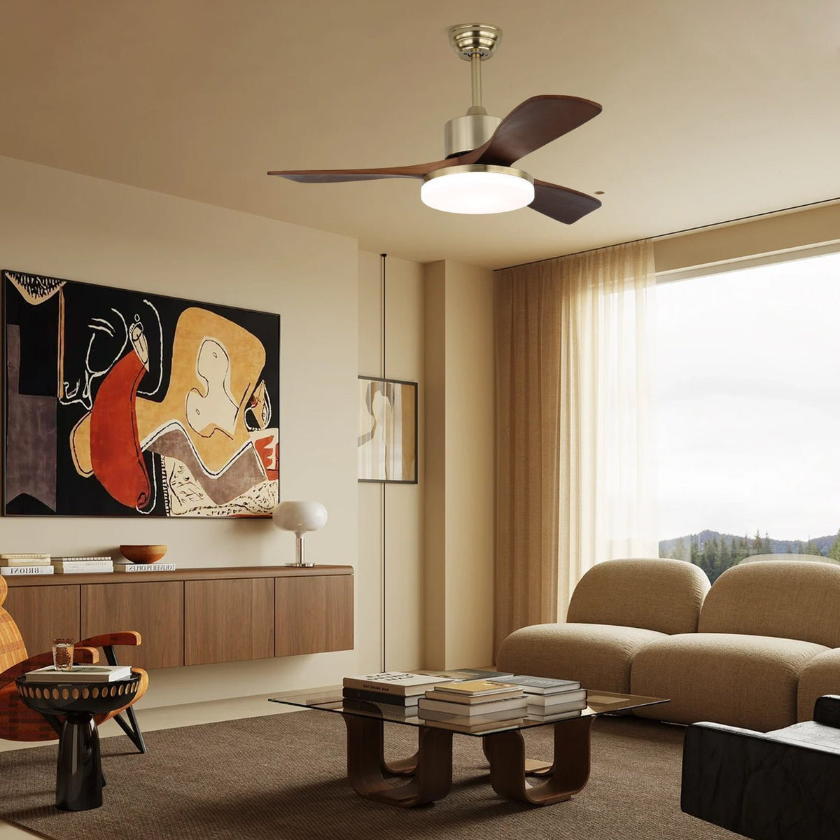 Vega Ceiling Fan Light with LED, Walnut Blades and Brass Finish