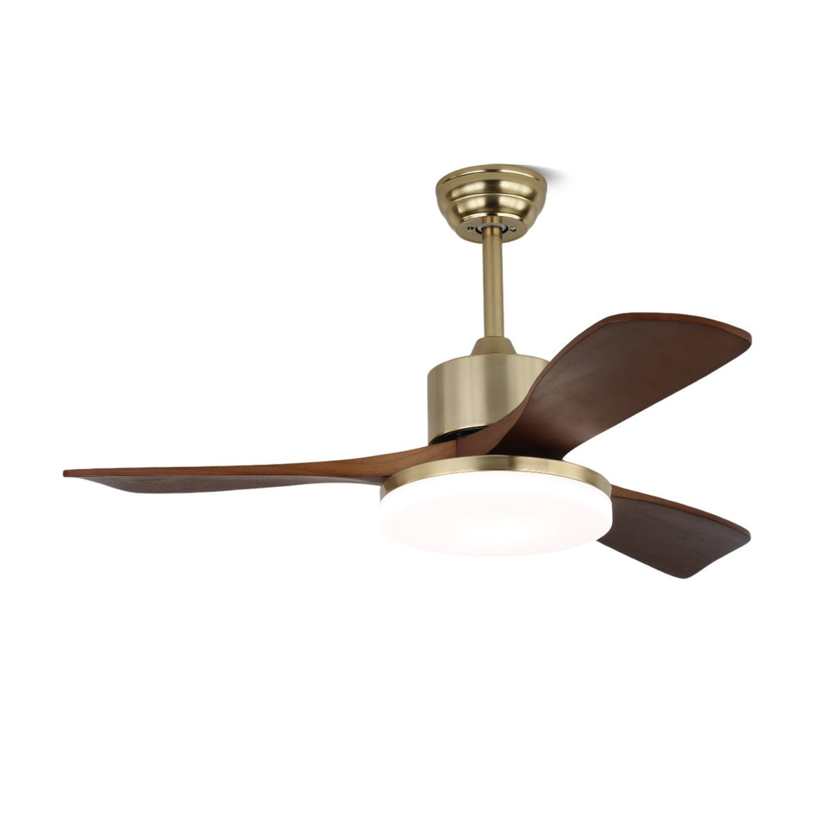 Vega Ceiling Fan Light with LED, Walnut Blades and Brass Finish