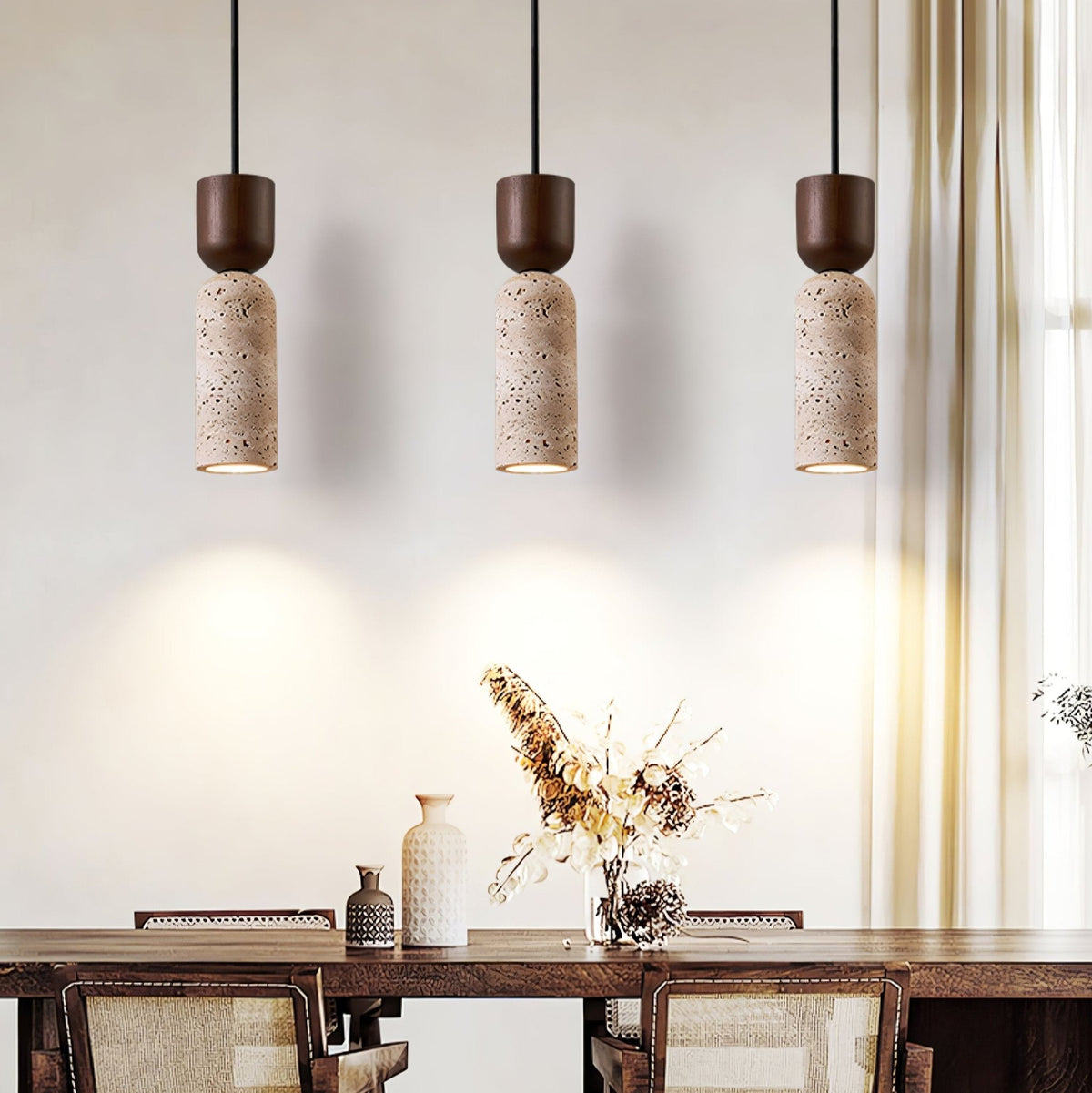 Velora Column Pendant Light in Natural Travertine and Walnut Wood