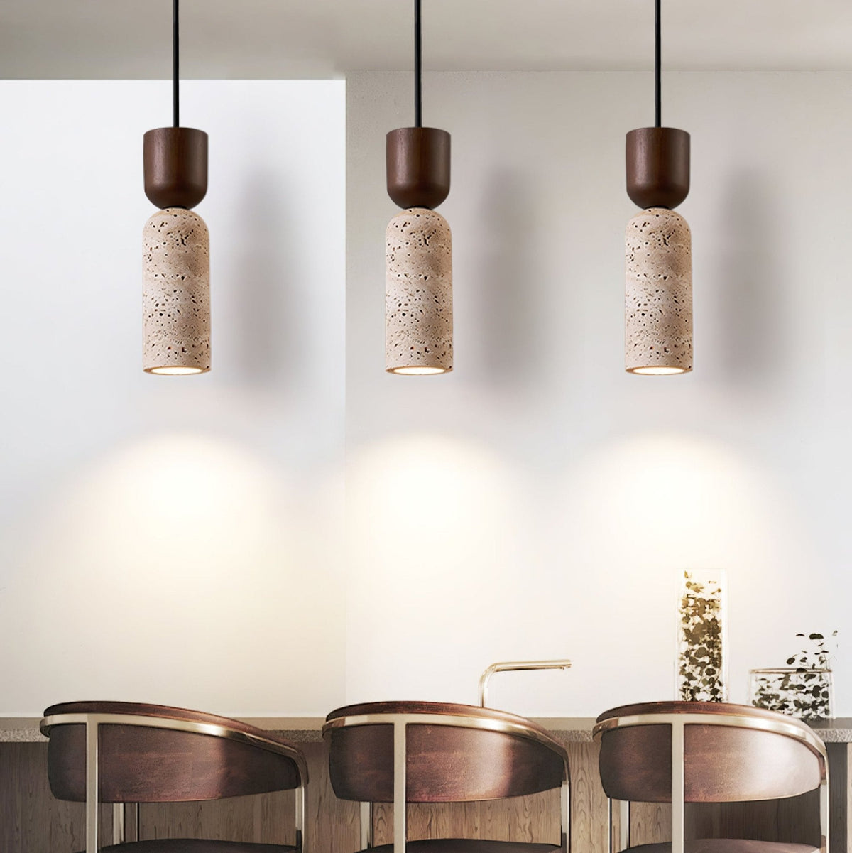 Velora Column Pendant Light in Natural Travertine and Walnut Wood