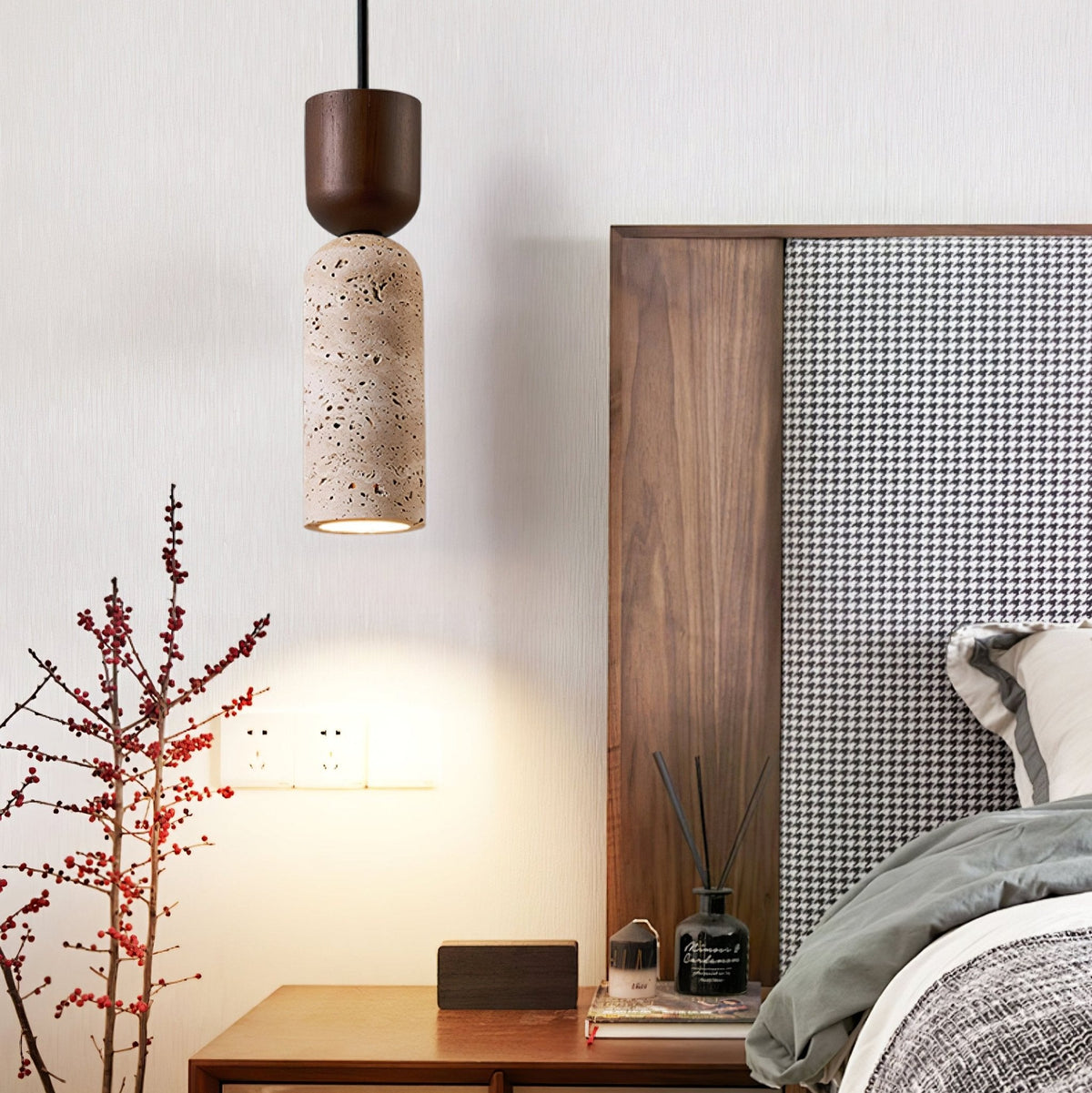 Velora Column Pendant Light in Natural Travertine and Walnut Wood