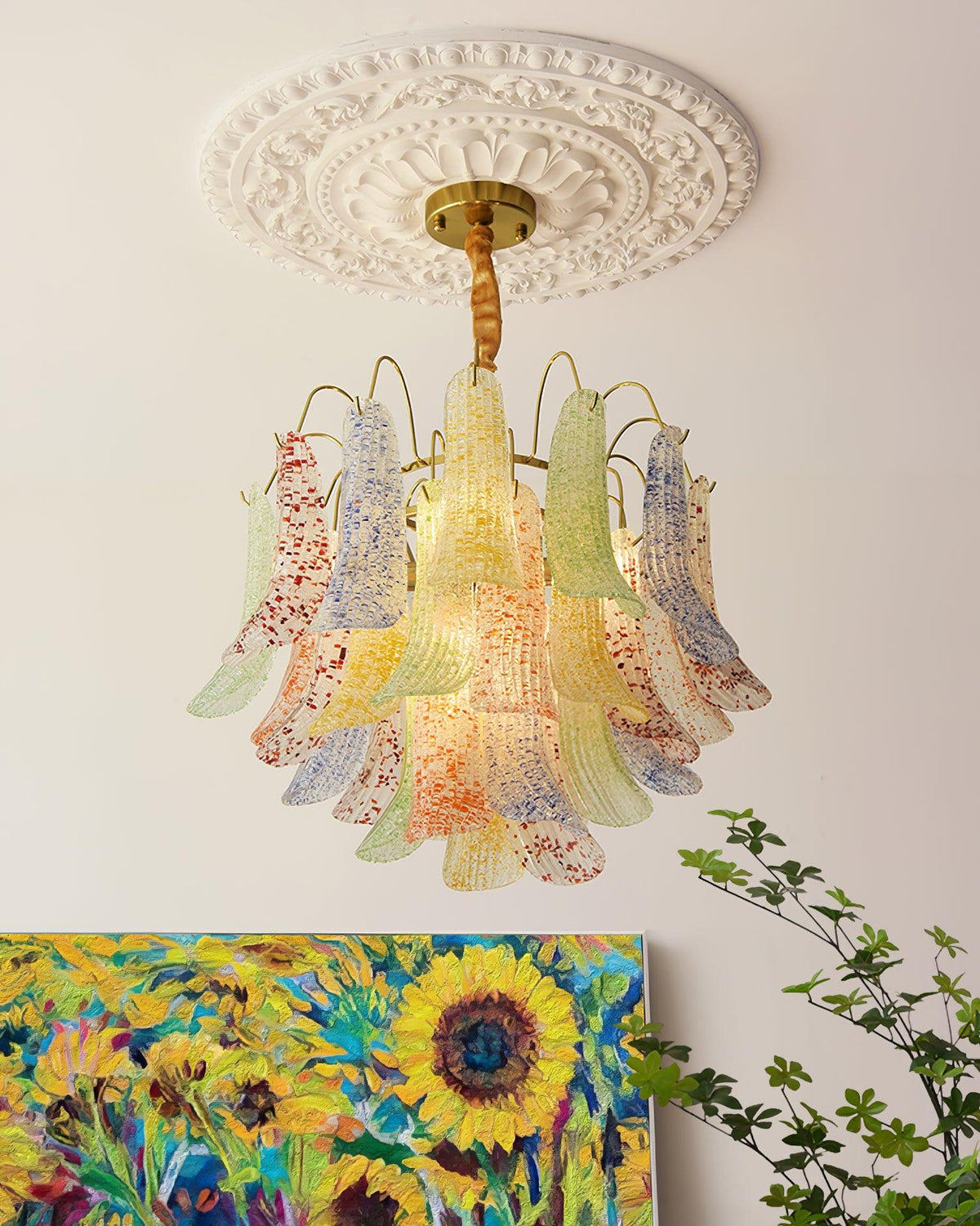 Venini Style Murano Glass Chandelier with Gold Finish – Modern Designer Lighting