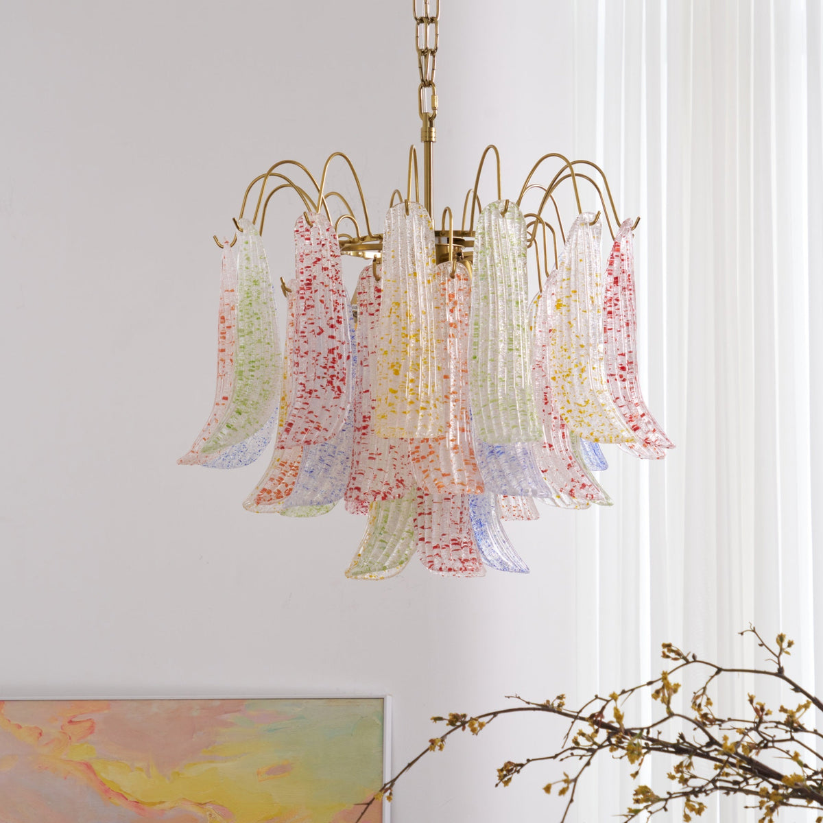 Venini Style Murano Glass Chandelier with Gold Finish – Modern Designer Lighting