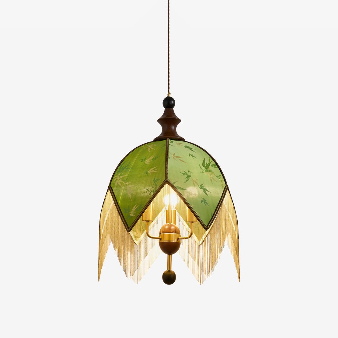 Verdant Fringe Pendant Light – Art Deco Botanical Dome Pendant in Green and Walnut