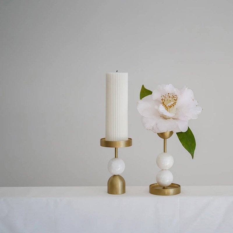 Verdant Sphere Candle Holder — Sculptural Brass & Marble Table Accent