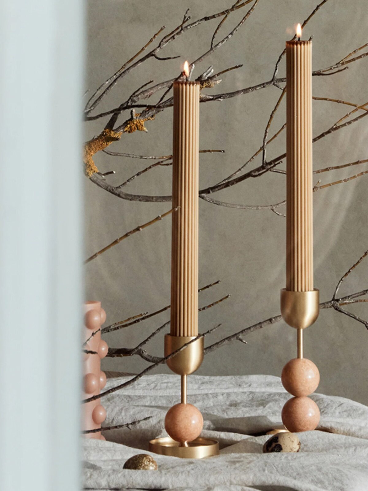 Verdant Sphere Candle Holder — Sculptural Brass & Marble Table Accent
