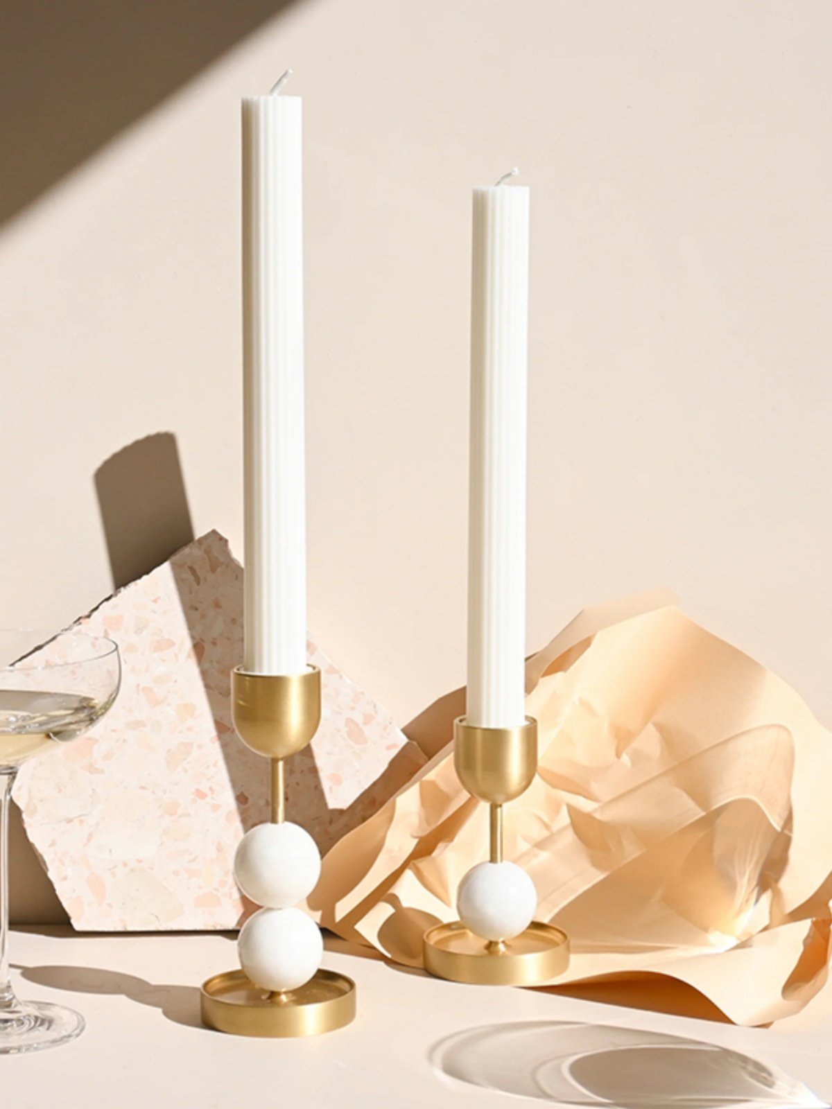 Verdant Sphere Candle Holder — Sculptural Brass & Marble Table Accent