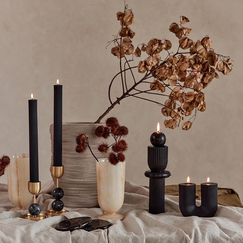 Verdant Sphere Candle Holder — Sculptural Brass & Marble Table Accent