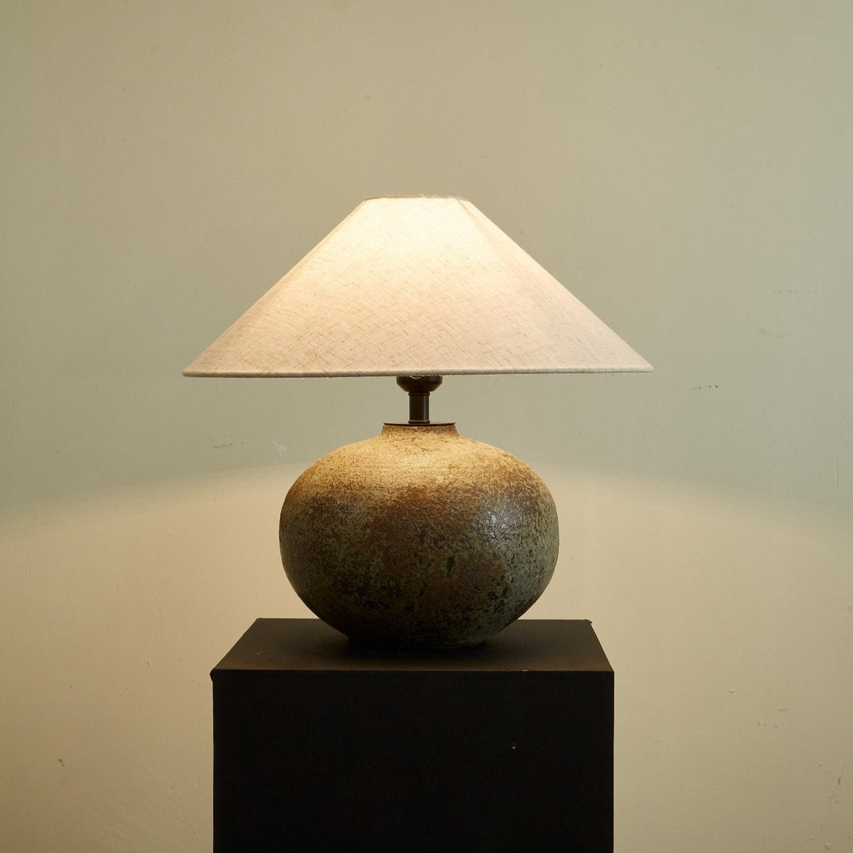 Verdigris Echo Ceramic Table Lamp with Linen Shade for Living Room & Bedroom