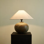 Verdigris Echo Ceramic Table Lamp with Linen Shade for Living Room & Bedroom