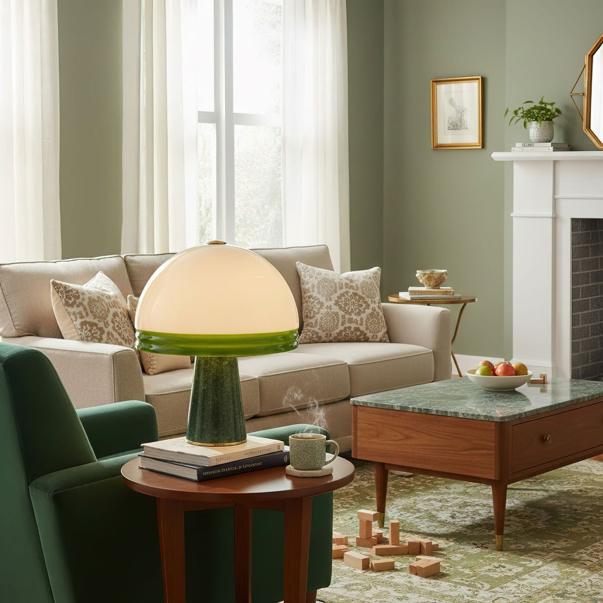 Verdura Dome Table Lamp with Marble Base and Green Glass Accent
