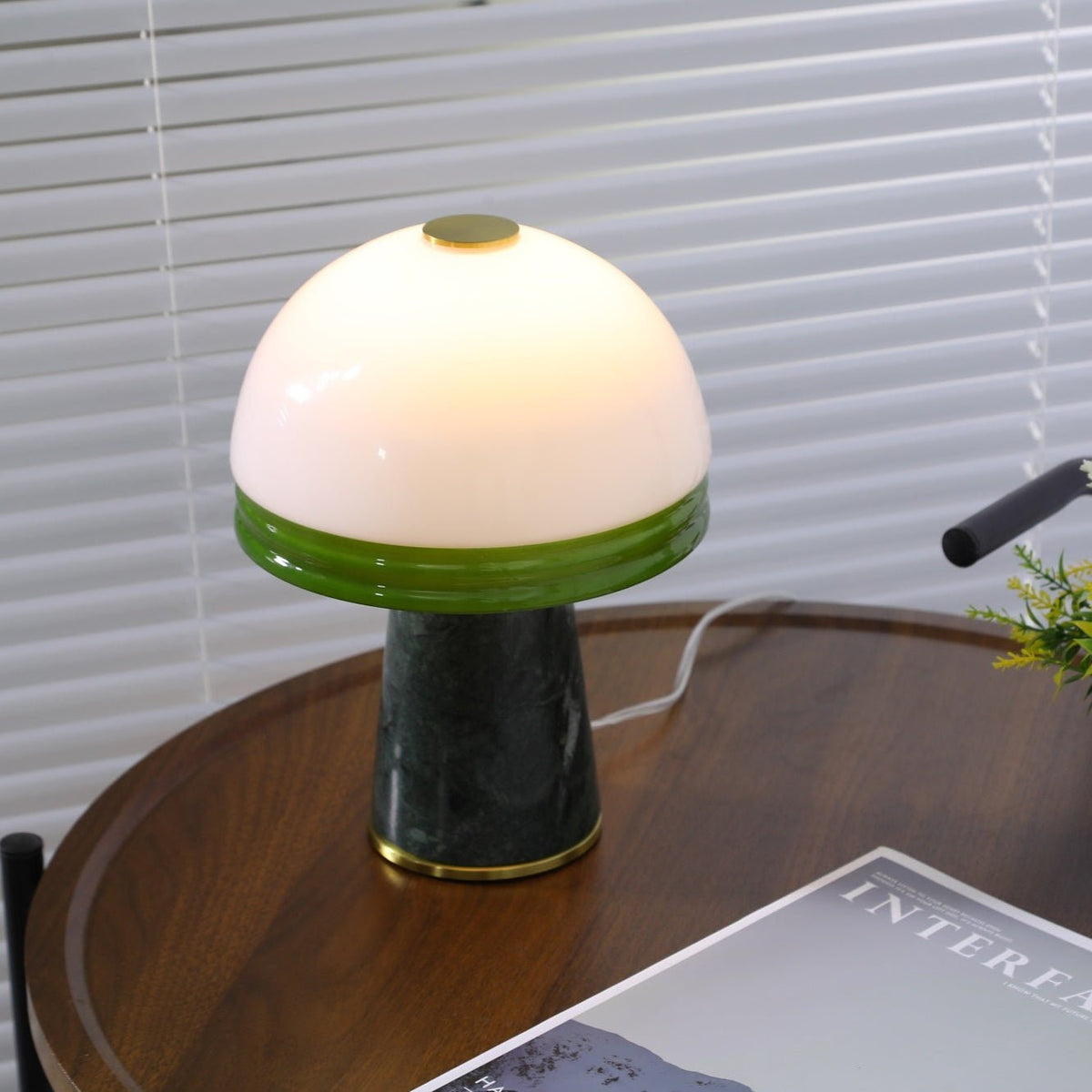 Verdura Dome Small Table Lamp in Marble and Brass with Green Glass Accent