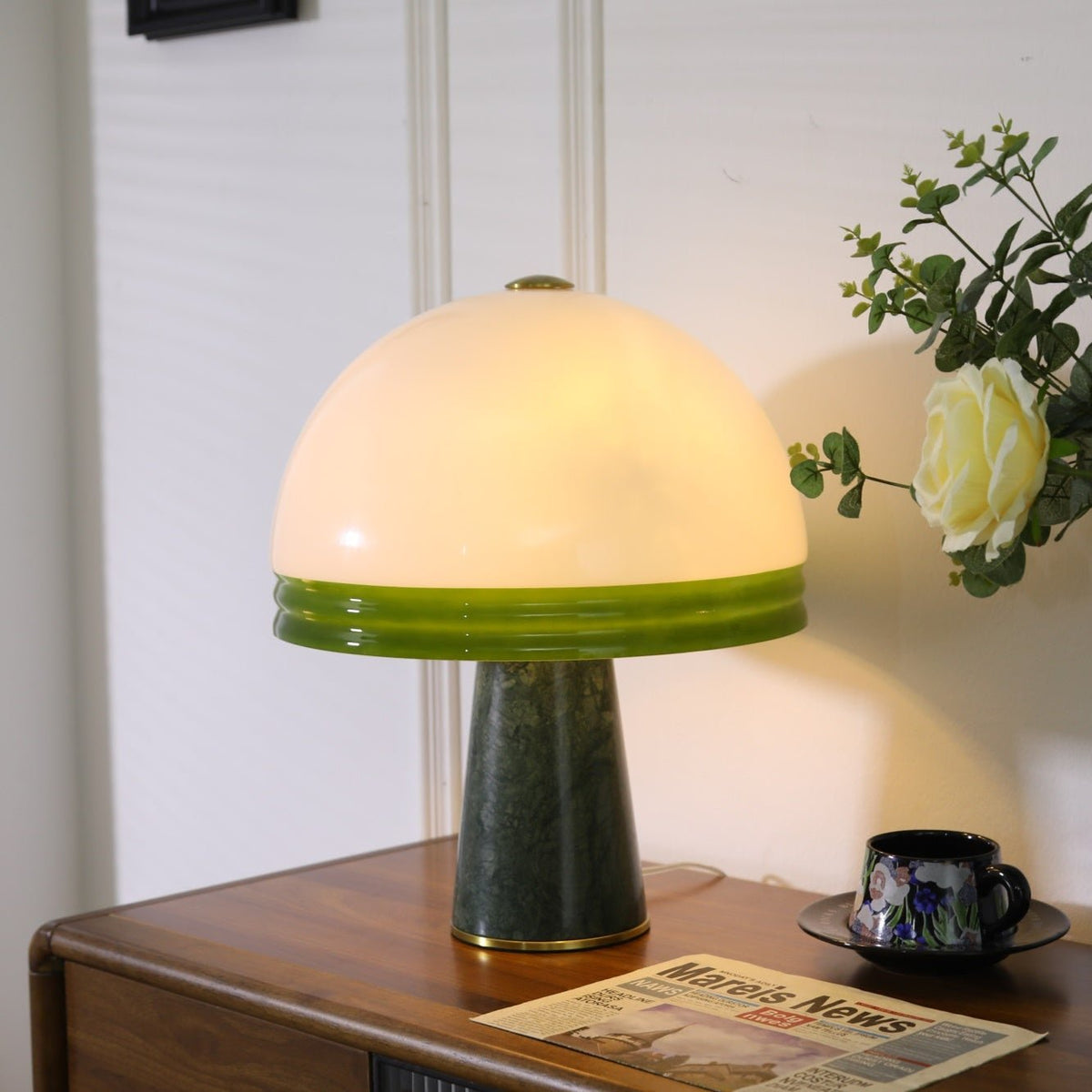 Verdura Dome Table Lamp with Marble Base and Green Glass Accent