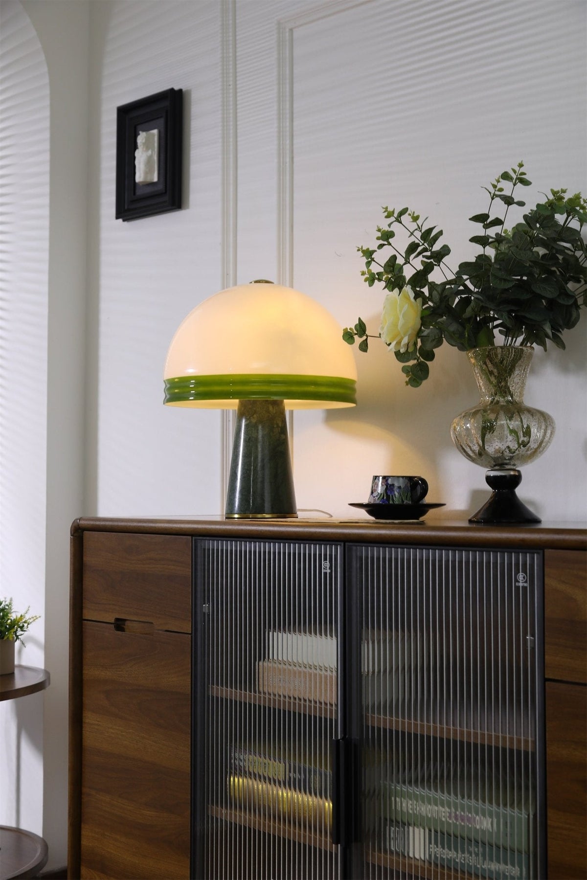 Verdura Dome Table Lamp with Marble Base and Green Glass Accent