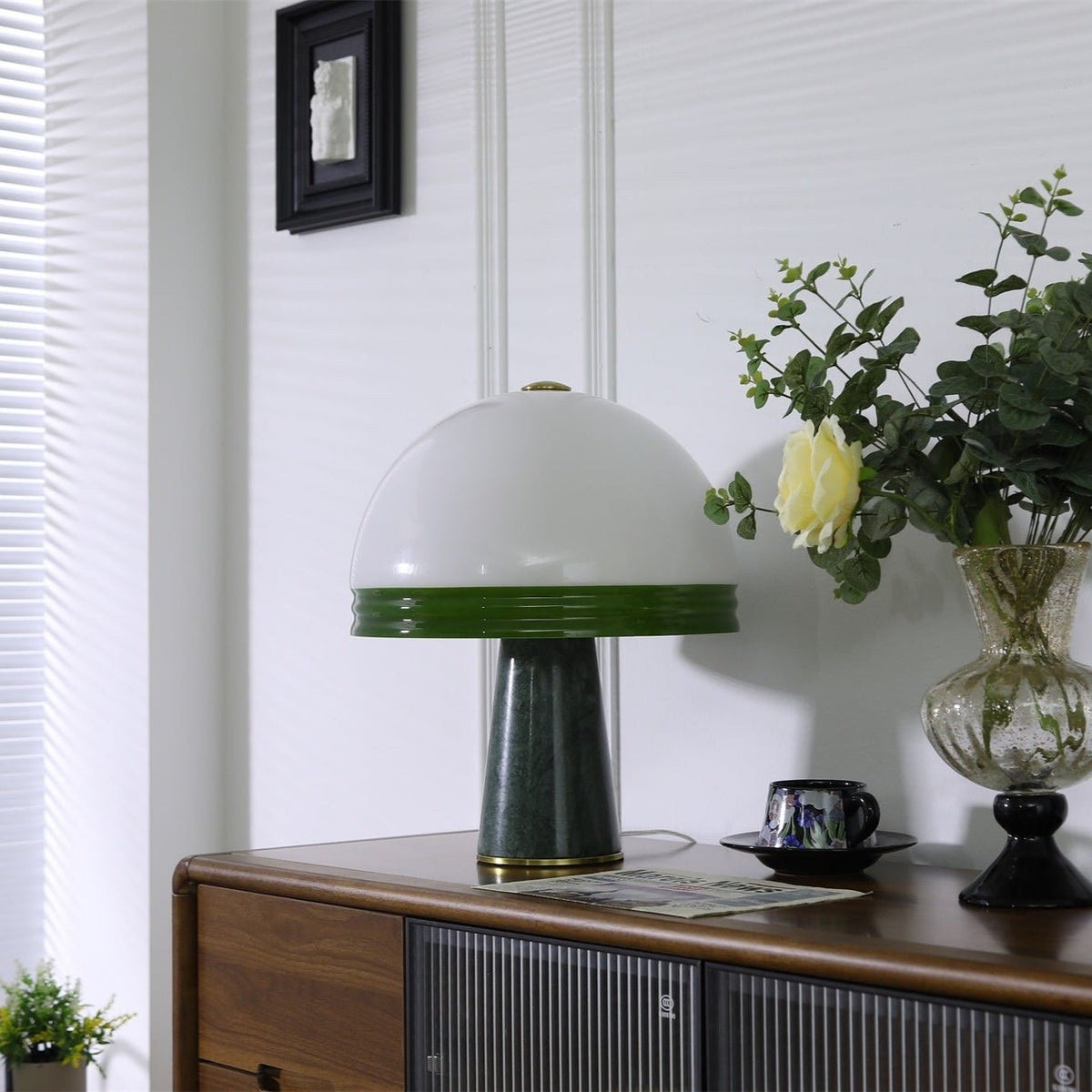 Verdura Dome Table Lamp with Marble Base and Green Glass Accent
