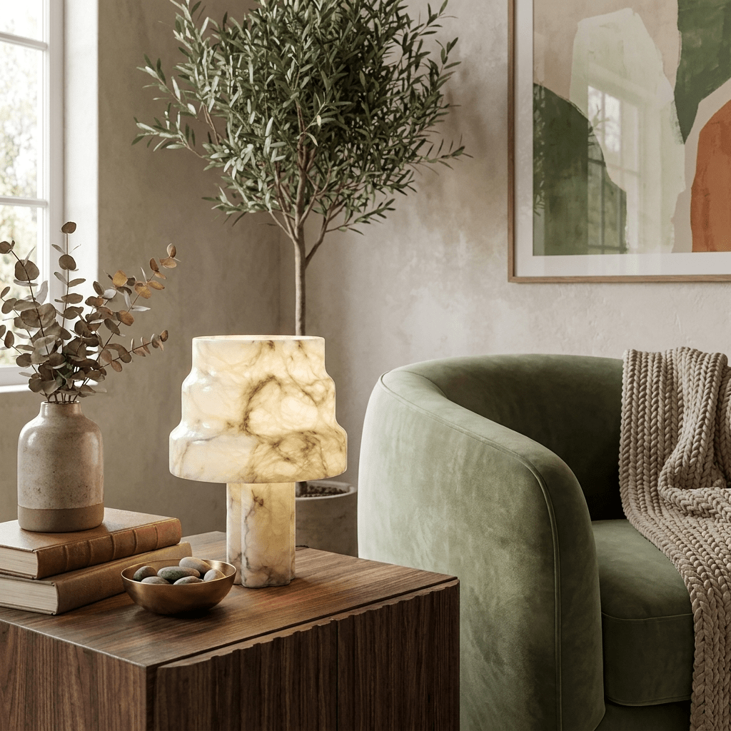 Verona Sculptural Alabaster Table Lamp with Gold Accents