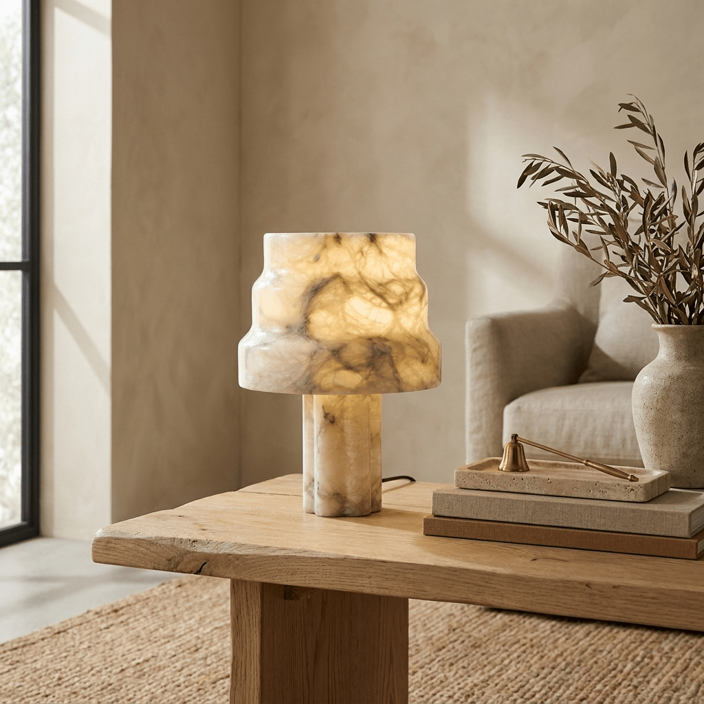 Verona Sculptural Alabaster Table Lamp with Gold Accents