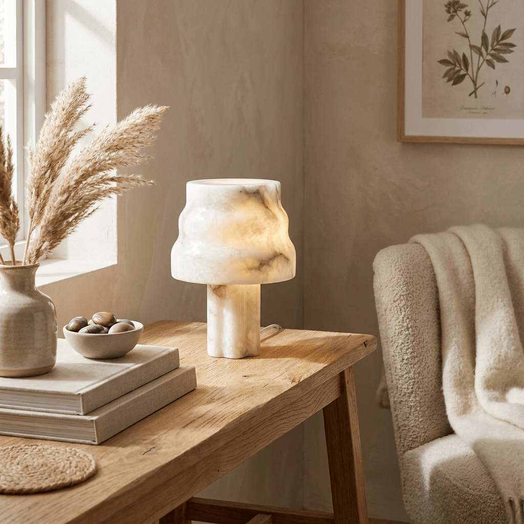 Verona Sculptural Alabaster Table Lamp with Gold Accents