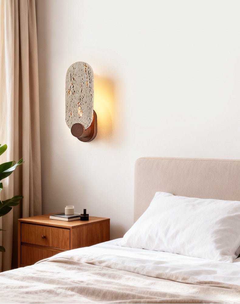 Vesper Travertine Wall Sconce with Walnut Accent