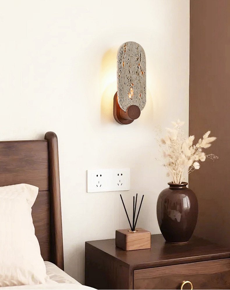 Vesper Travertine Wall Sconce with Walnut Accent