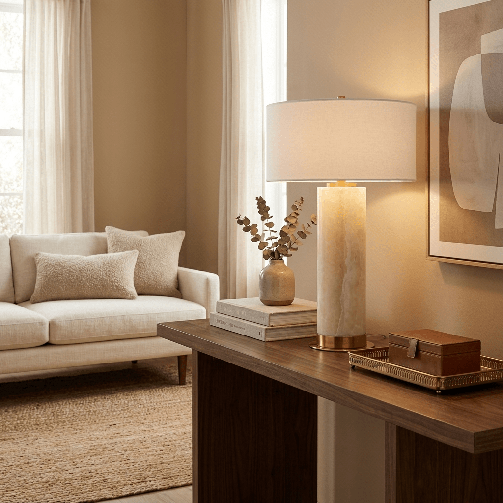 Vesper Onyx Table Lamp — Honey Onyx Column with Linen Shade