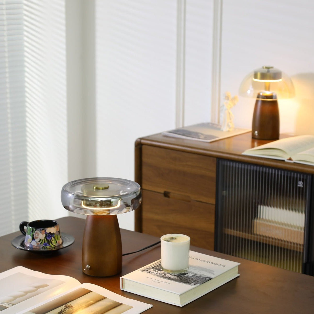 Veyra Modern Walnut Wood Table Lamp with Glass Shade for Bedroom and Living Room